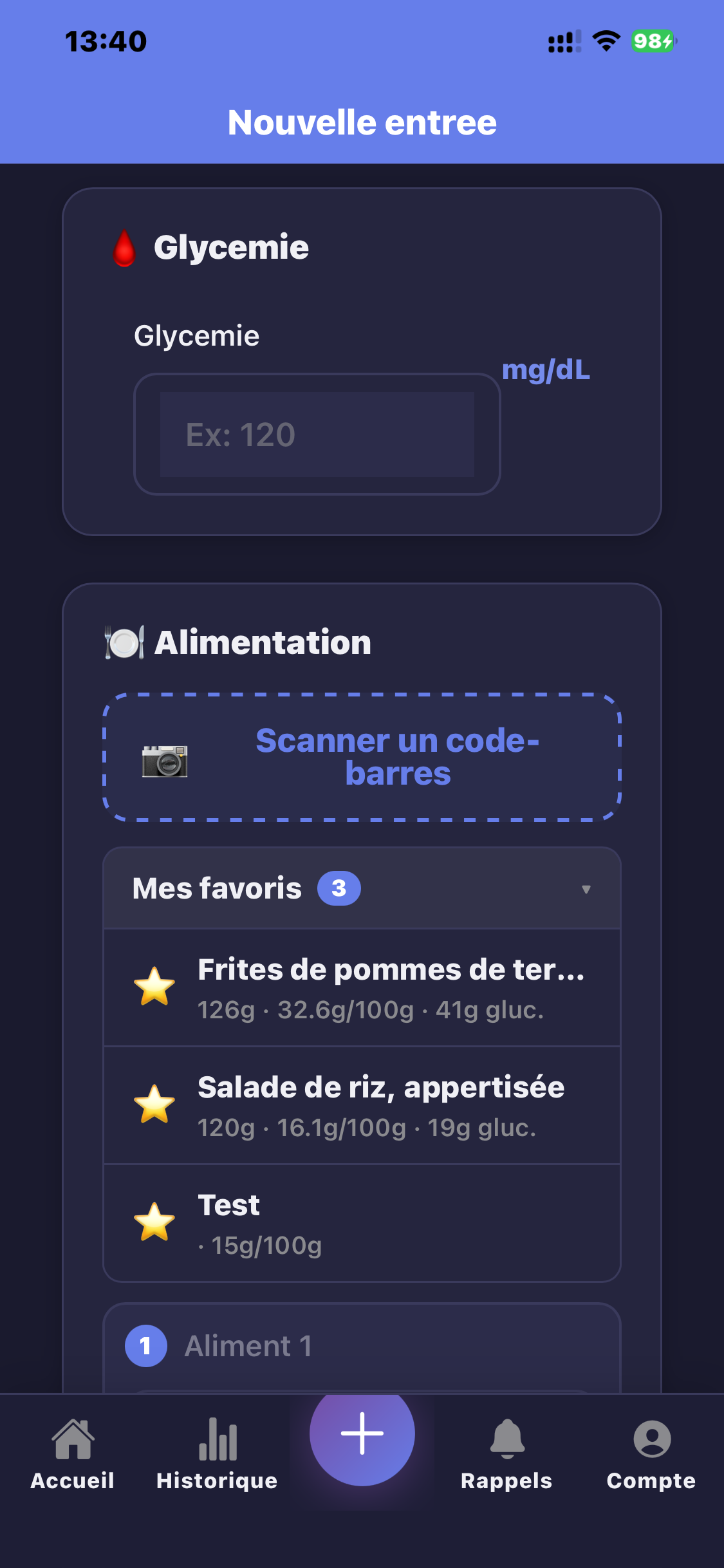Écran de saisie avec scanner code-barres et liste des aliments favoris