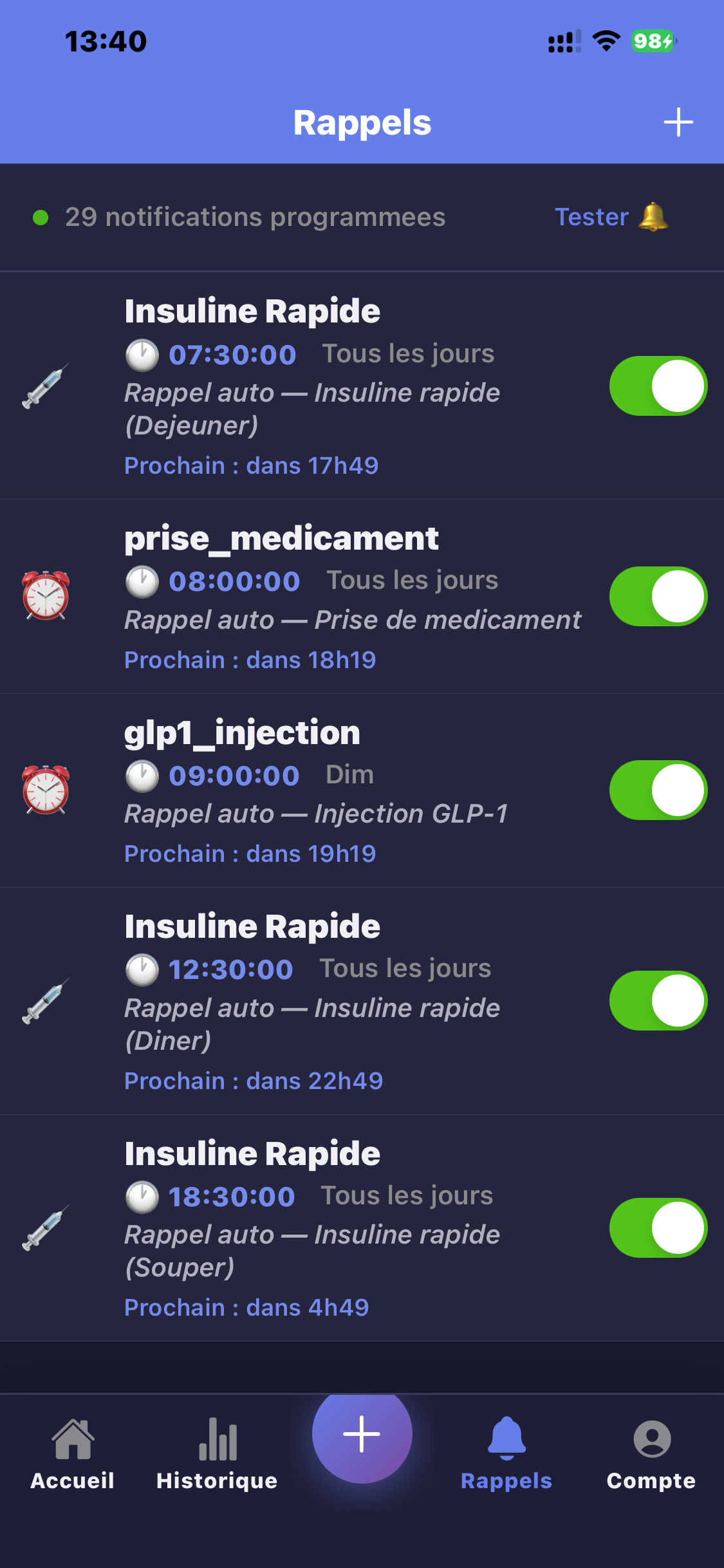 Liste des rappels programmés avec 29 notifications actives pour insuline, médicaments et GLP-1